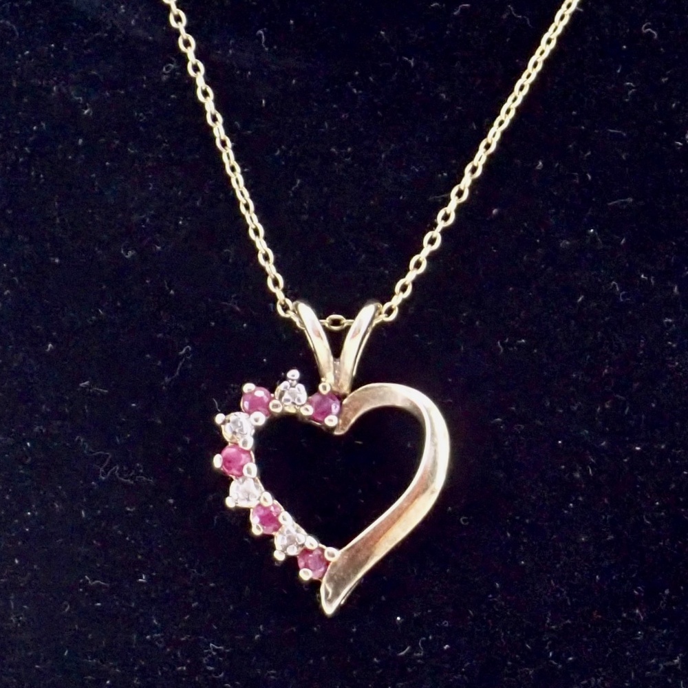 Sterling Silver Vermeil RUBY Heart Pendant Necklace 18” Signed Italy Chain RS Ro